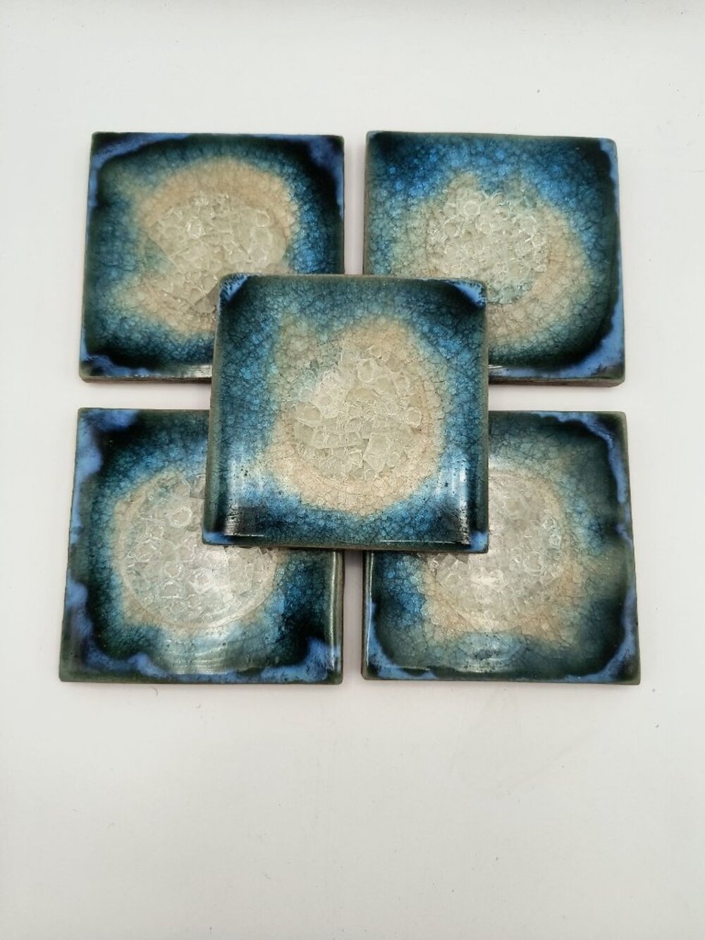 Handmade Pottery Geode Style Glazed Coaster Set Of 5 In Blue & Green Shades
